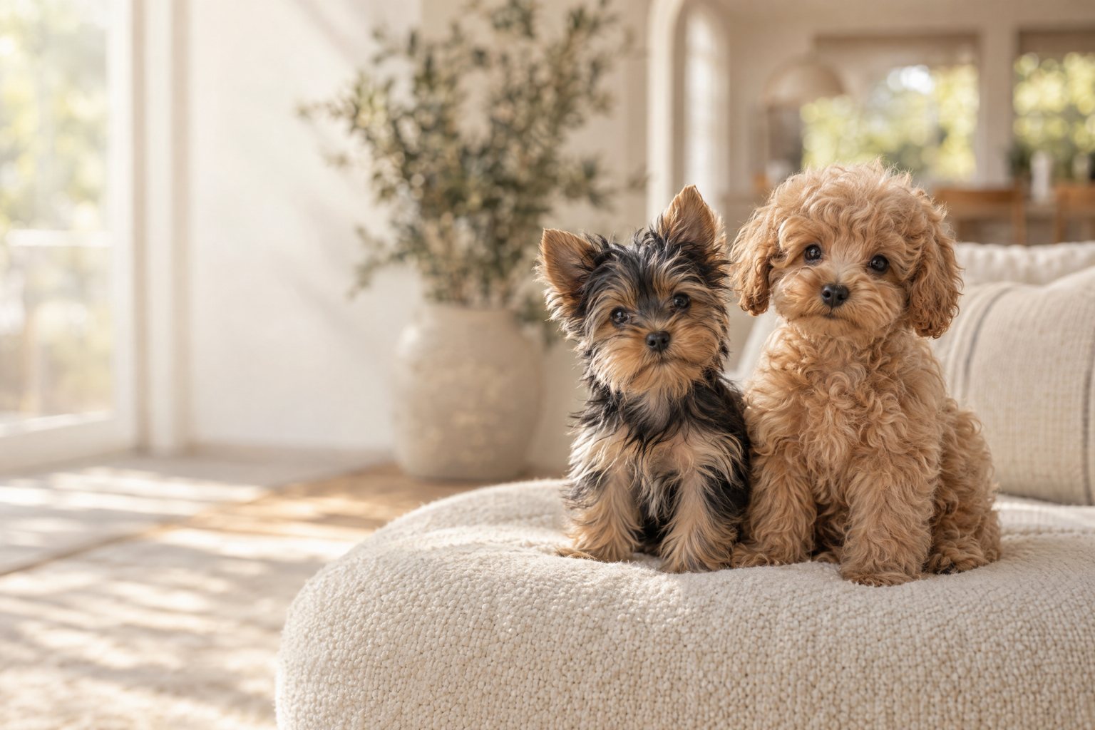 A Yorkshire terrier puppy and an apricot poodle puppy sitting together in a sunlit home